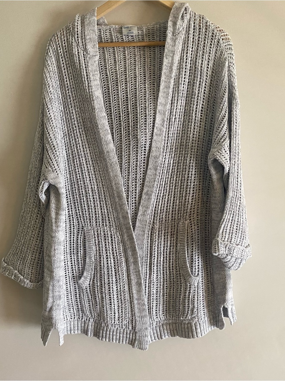 Sleep Sense Aqua Gray 100% Cotton Open Knit Hooded Cardigan with Pockets Size XL